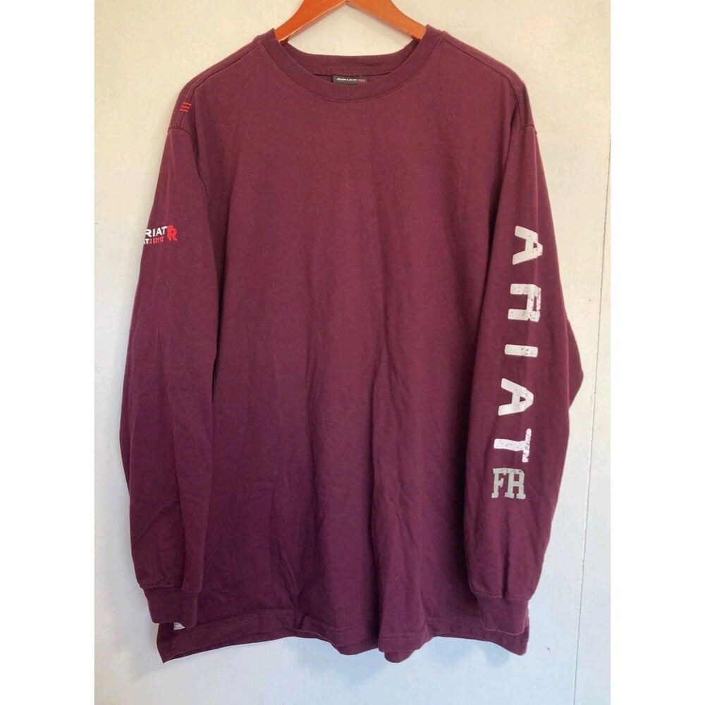 Ariat FR  T-Shirt Mens 2XL Red Roughneck Skull Logo Crew Long Sleeve Work